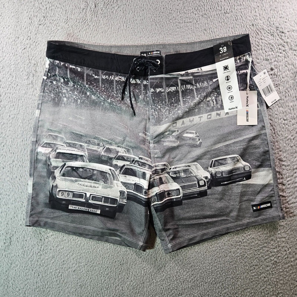 NWT Hurley Nascar Board Shorts Swim Trunks Men 38 No Liner Racing Car Black Gray
